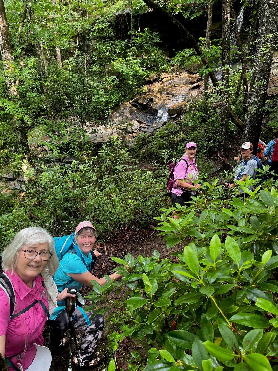 Headed down to Contentment Falls.  Better watch that slippery trail.  Photo by Renee Corbet.