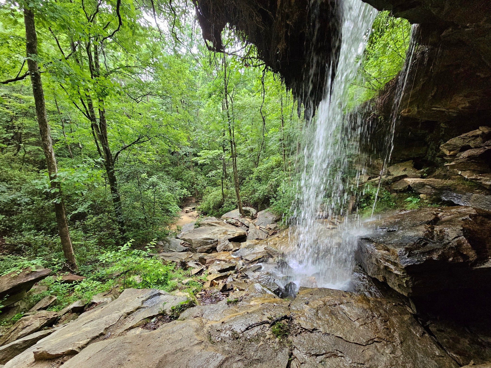 A view from underneath the falls looking downstream.