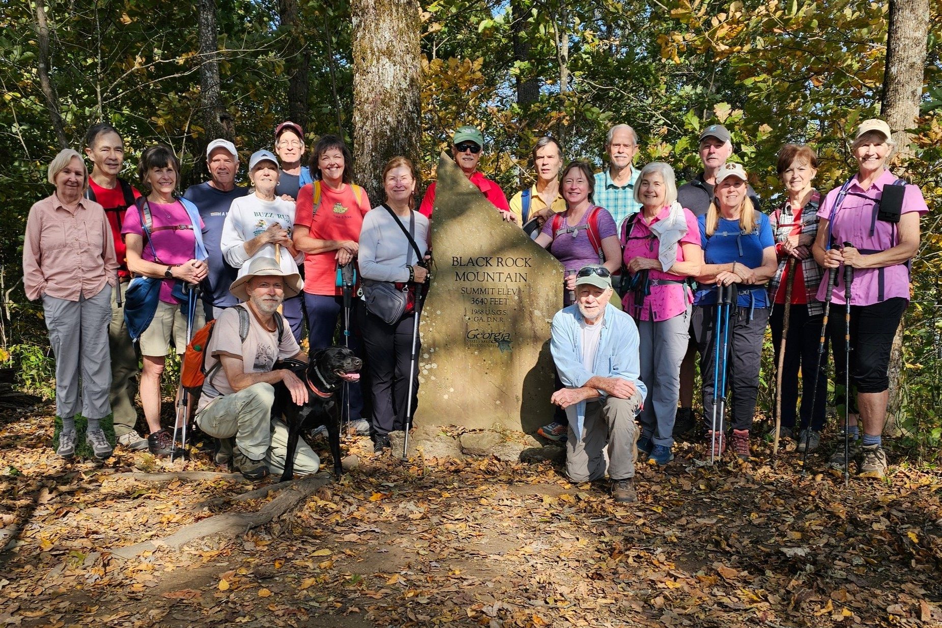 Today's Hikers (L-R): Angela, Charles, Beth, Ken, Claudia, Edwin, Londa, Greta, Jim, Gerald, Bobbie, Mike, Pam, Ken, Lynn, Jenny & Linda. Front: Matt with Toby & Vic.