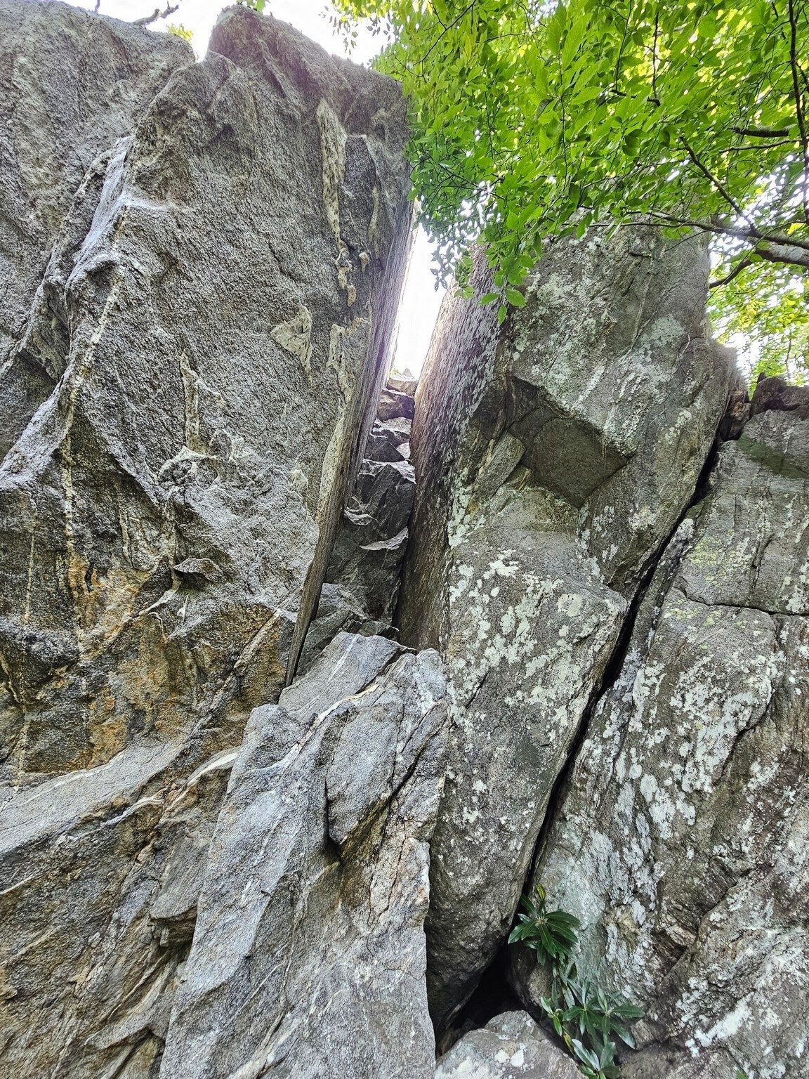 A curious fracture and gap in the large rock formation above the cave.