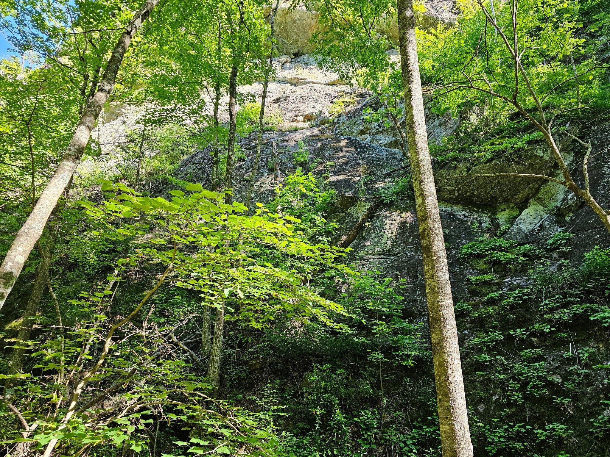 Bull Cove Falls is surrounded by very tall rock cliffs.