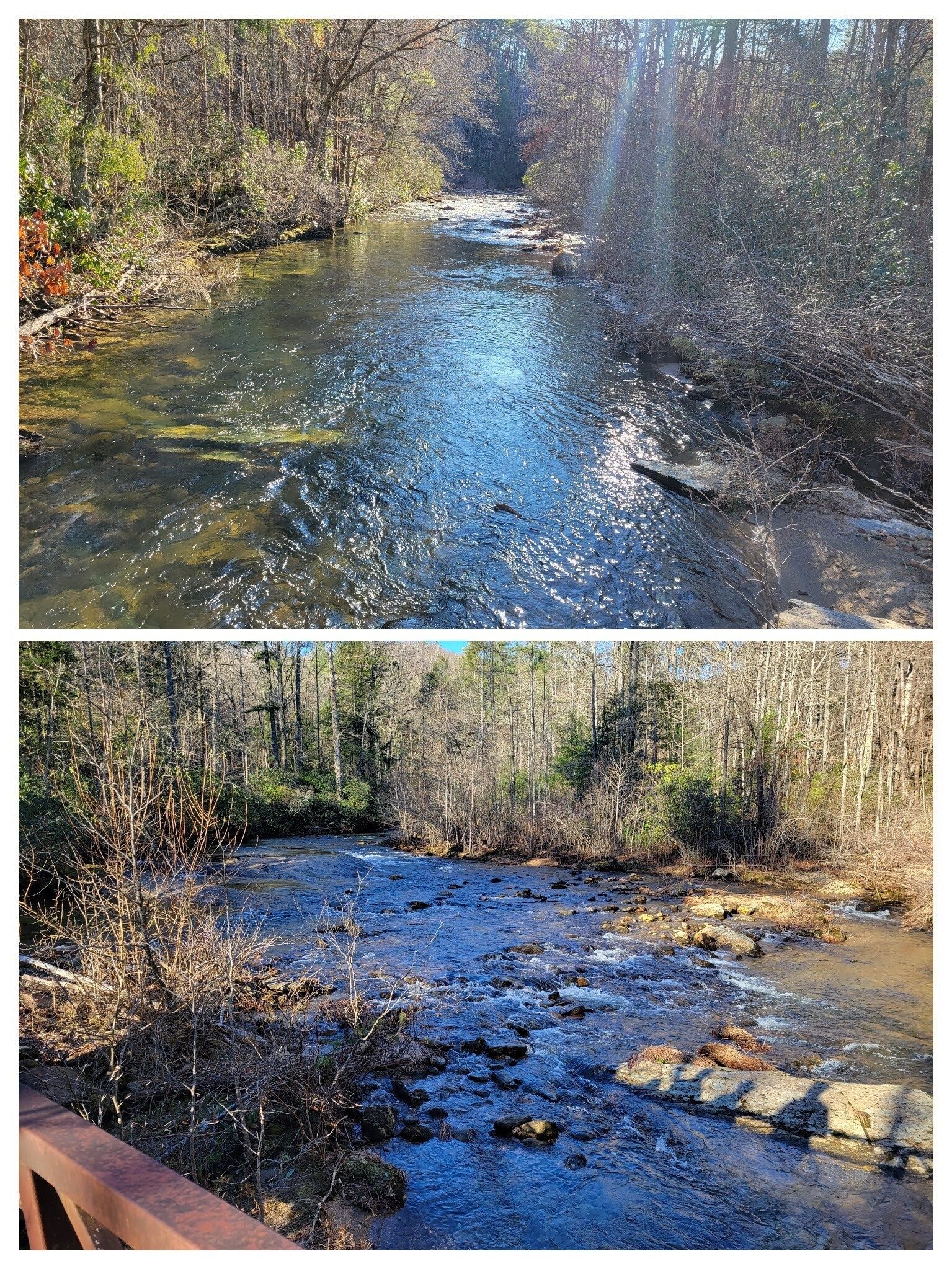 Looking up and down the Whitewater River at the bridge.