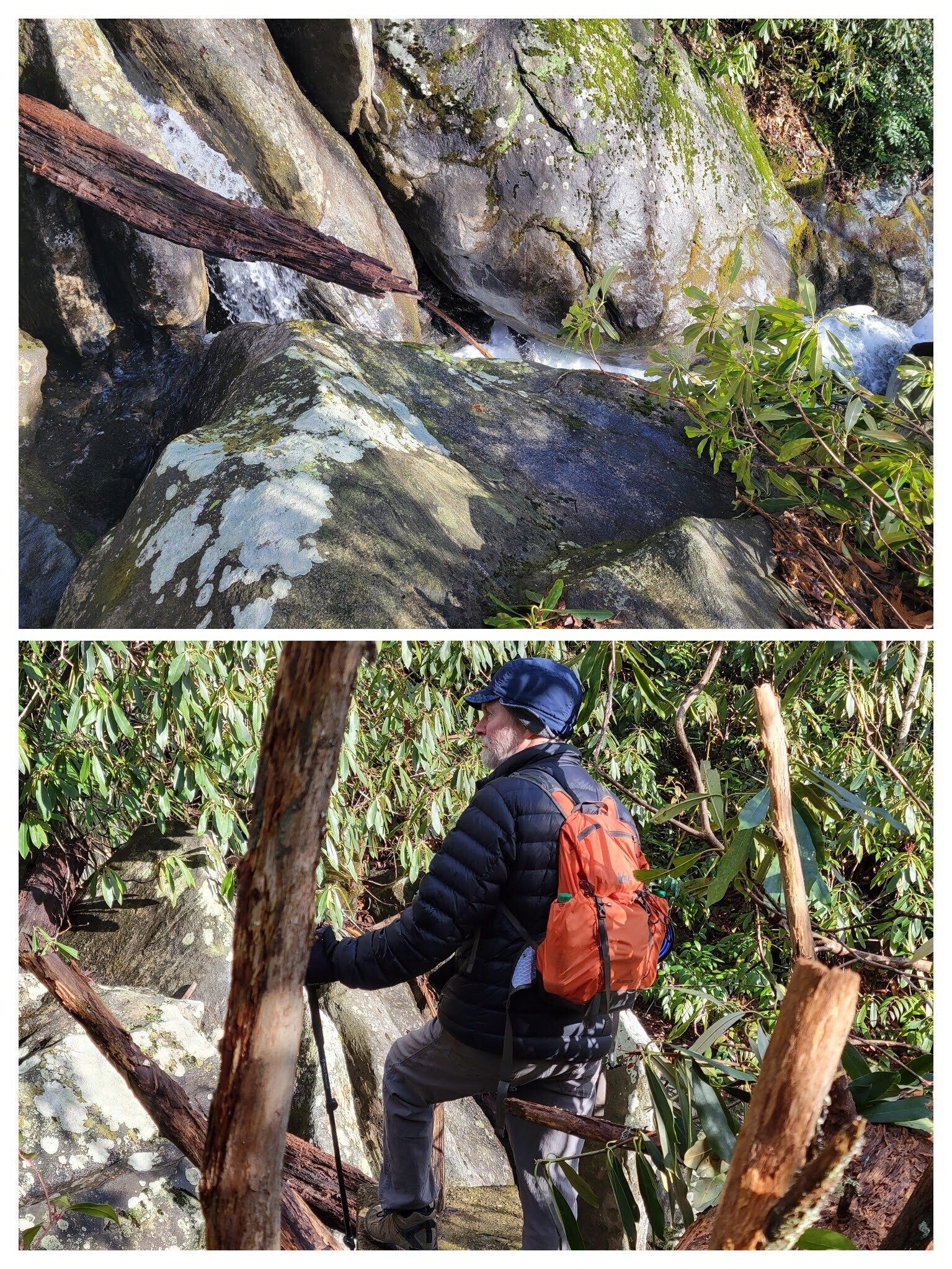 The chute below Ammons Creek Falls through which Holcomb Creek flows.  Matt taking  final look at these falls.