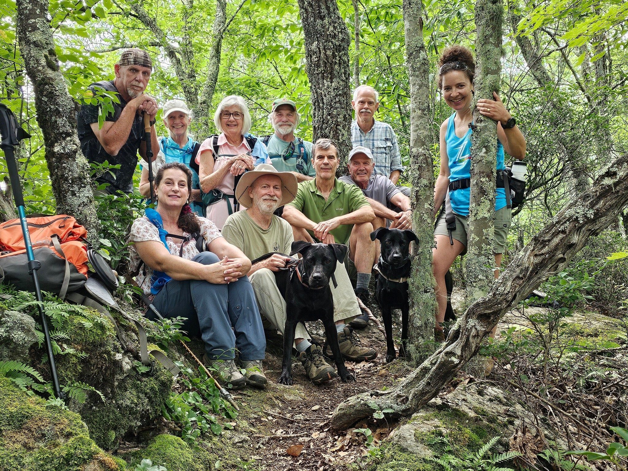 Our smiling hikers (L-R): Roger, Shelia, Linda, Pam, Matt & Toby, Jack, Gerald, Ken, Mike & Heather with Toby.