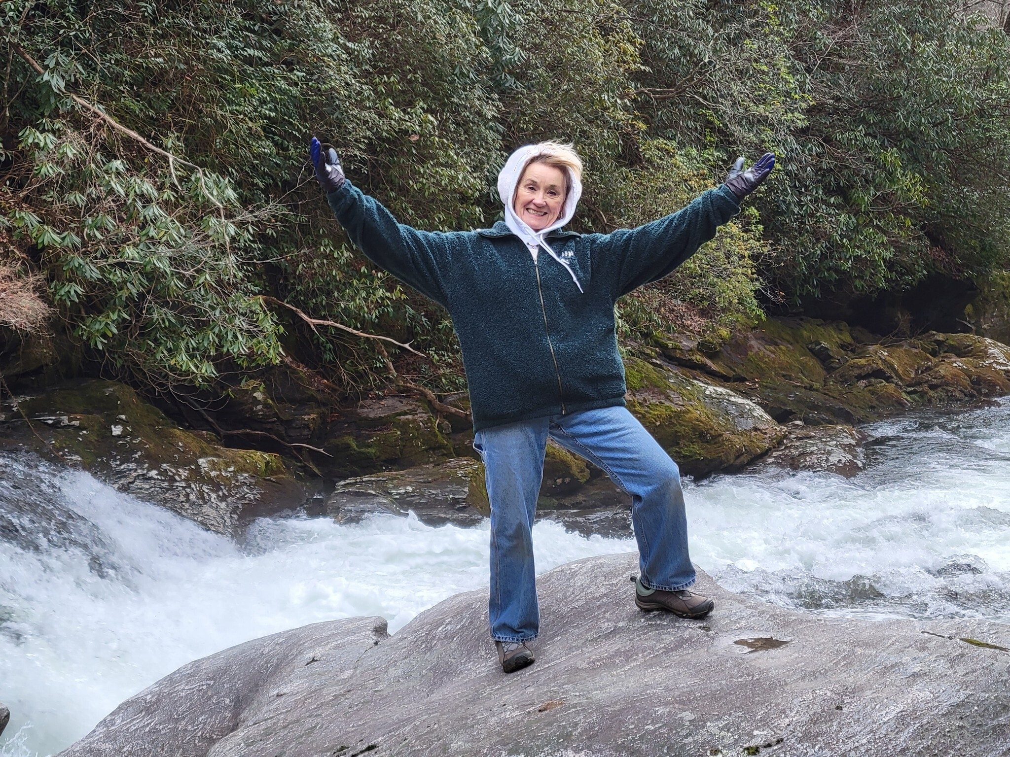 Beth having some fun on the boulders in the Chattooga.