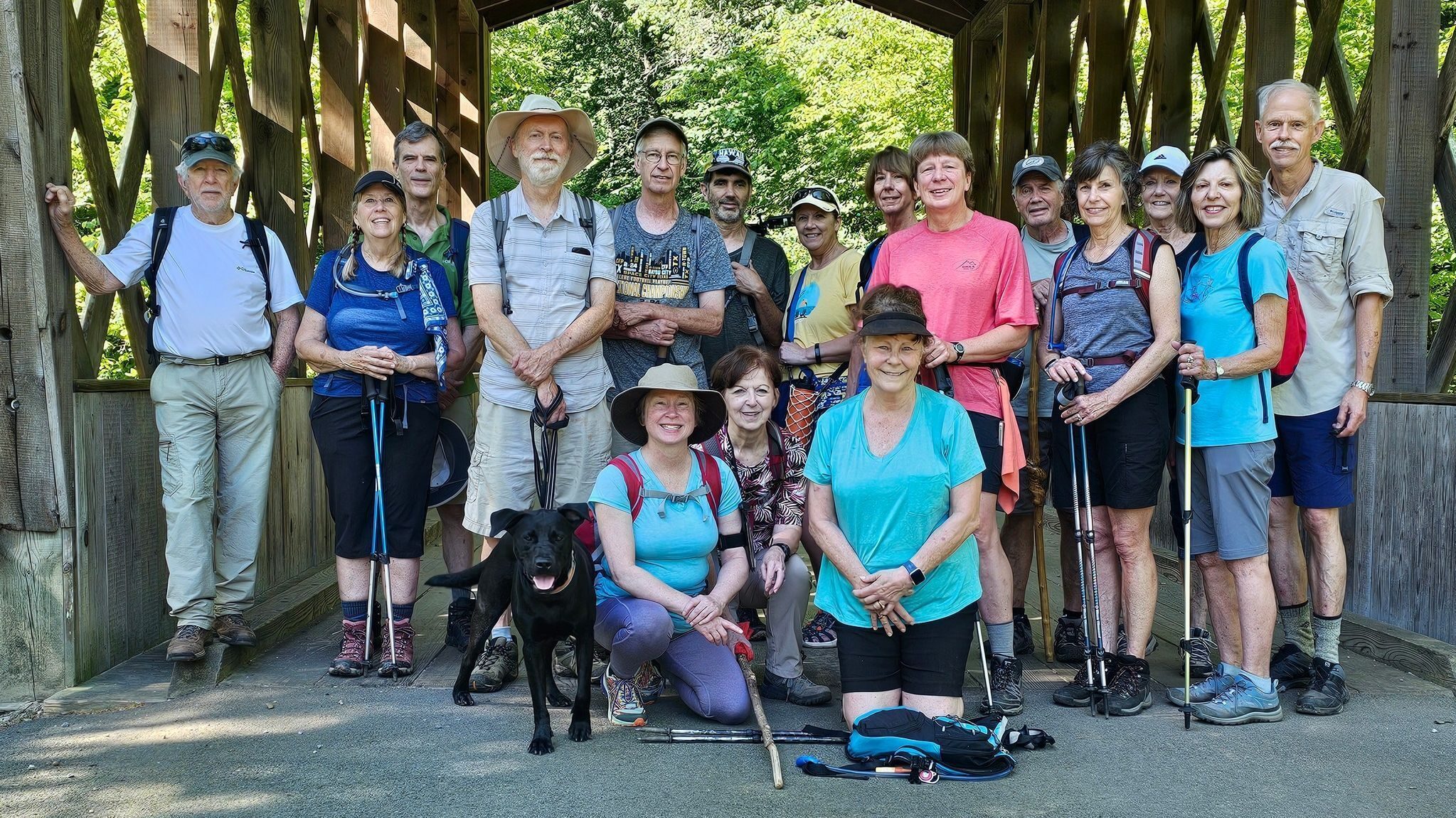 Today's Hikers (L-R) Front: Vic, Lynn, Gerald, Matt with Toby, Edwin, Chip, Sherry, Jane, Kim, Ken, Beth, Claudia, Allyson & Mike; Front: Bobbie, Jenny & Renée.