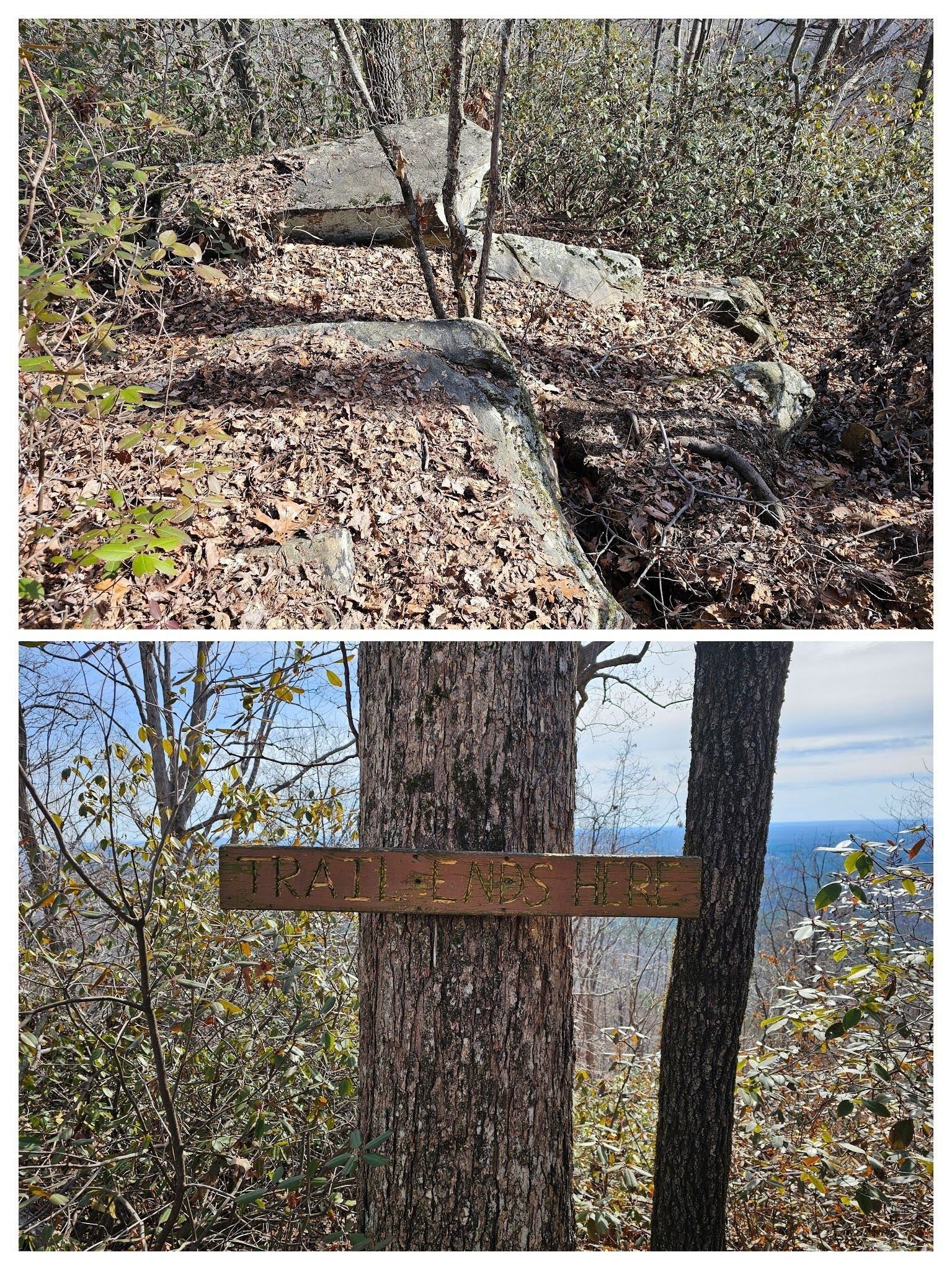 A unique "Trail Ends Here" sign, but actually it does go just a short distance further to this rock outcrop without much of a view.