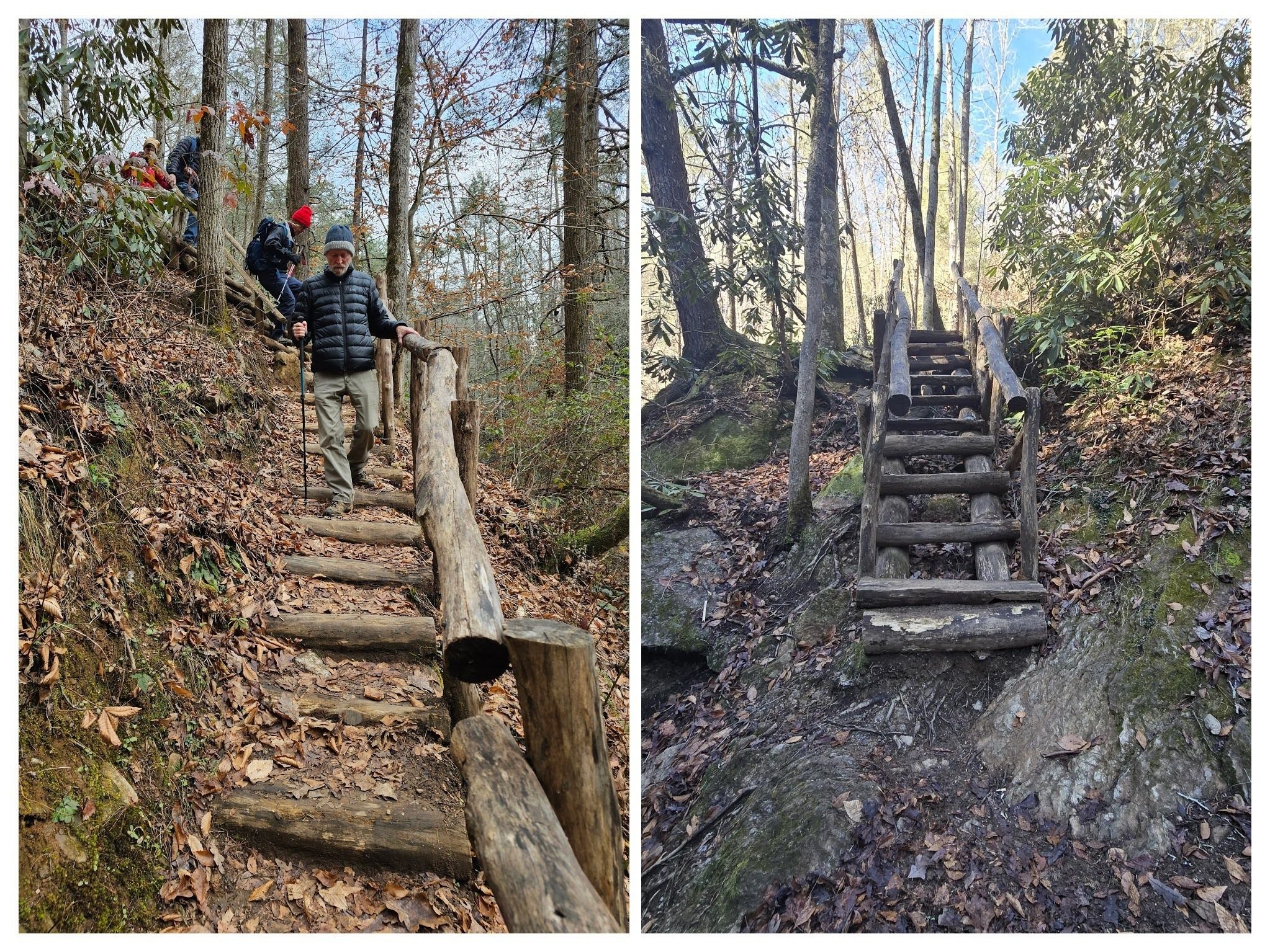 Heading further down Brasstown Creek to the falls below, you use some more rustic steps and ladder stairs.