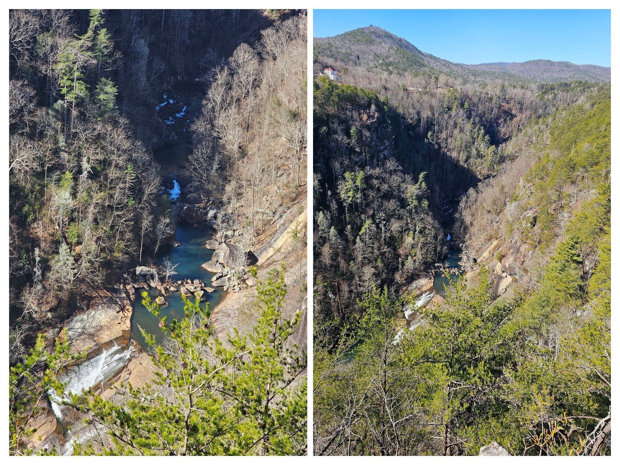 A classic view of Tallulah Gorge looking west from Inspiration Point with a close up of Oceana Falls