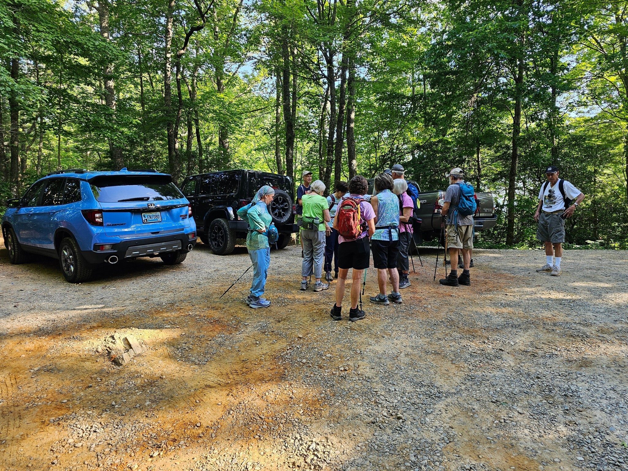 Getting ready at the trailhead.  There is parking for four cars at the trailhead, but numerous cars were parked along the road when we finished hiking.