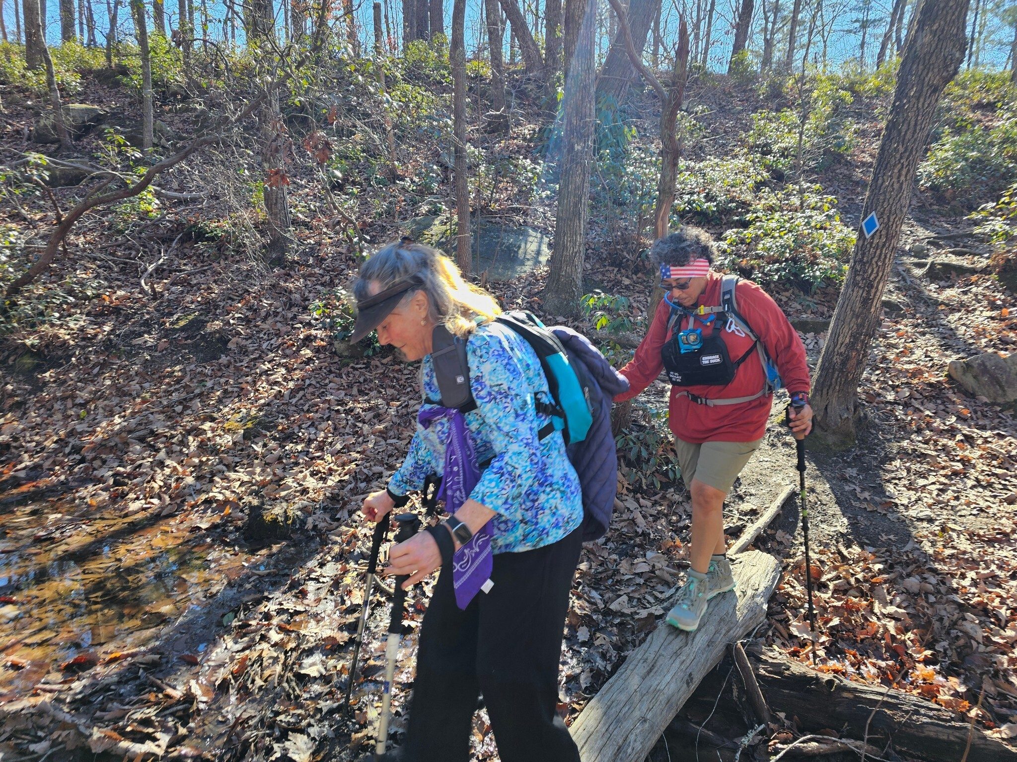 Renee and Vilmarie cross a wet drainage swale. . . careful! Right Dave?