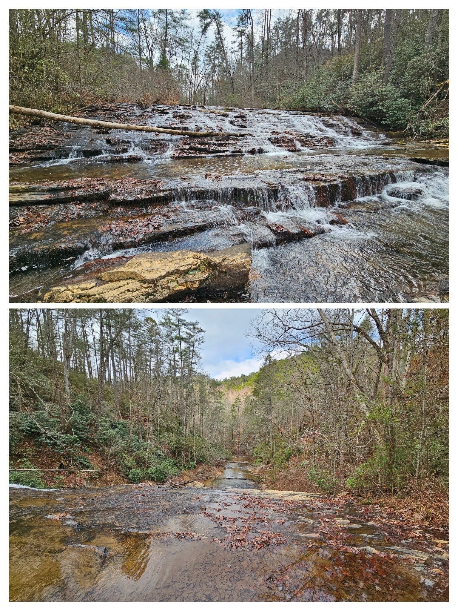 A view of the middle falls/ cascade and then a downstream view of the top of the lower falls.