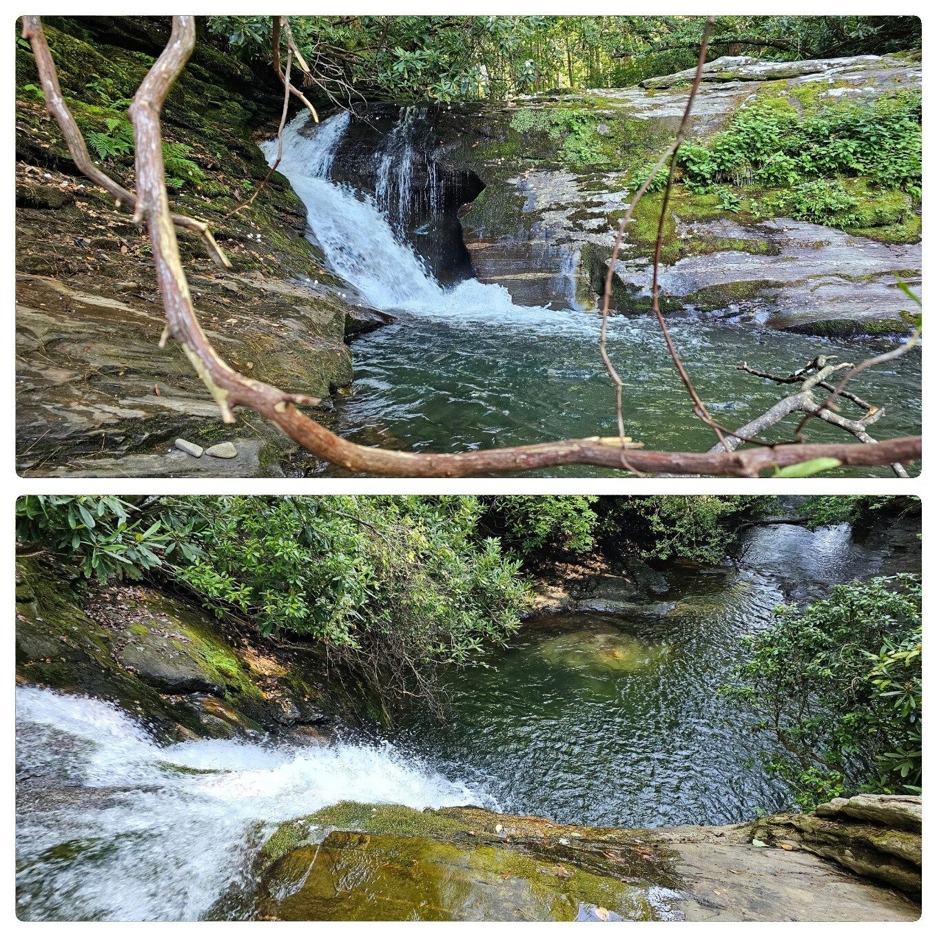 High Shoals Creek above Blue Hole Falls has a nice cascade and view over the falls into Blue Hole.