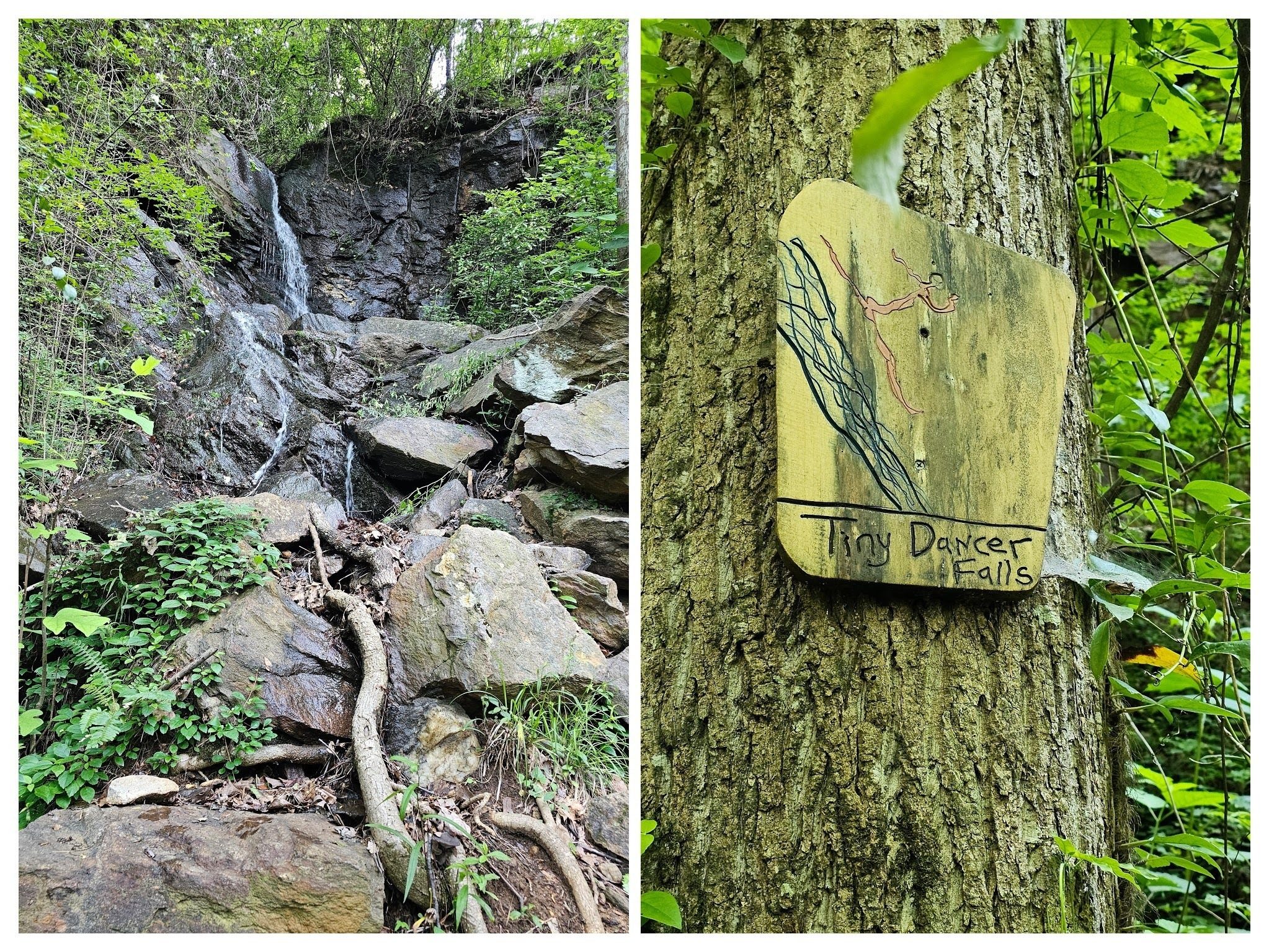 The 40-foot Tiny Dancer Falls, short walk off the trail, appears to be in an old quarry.
