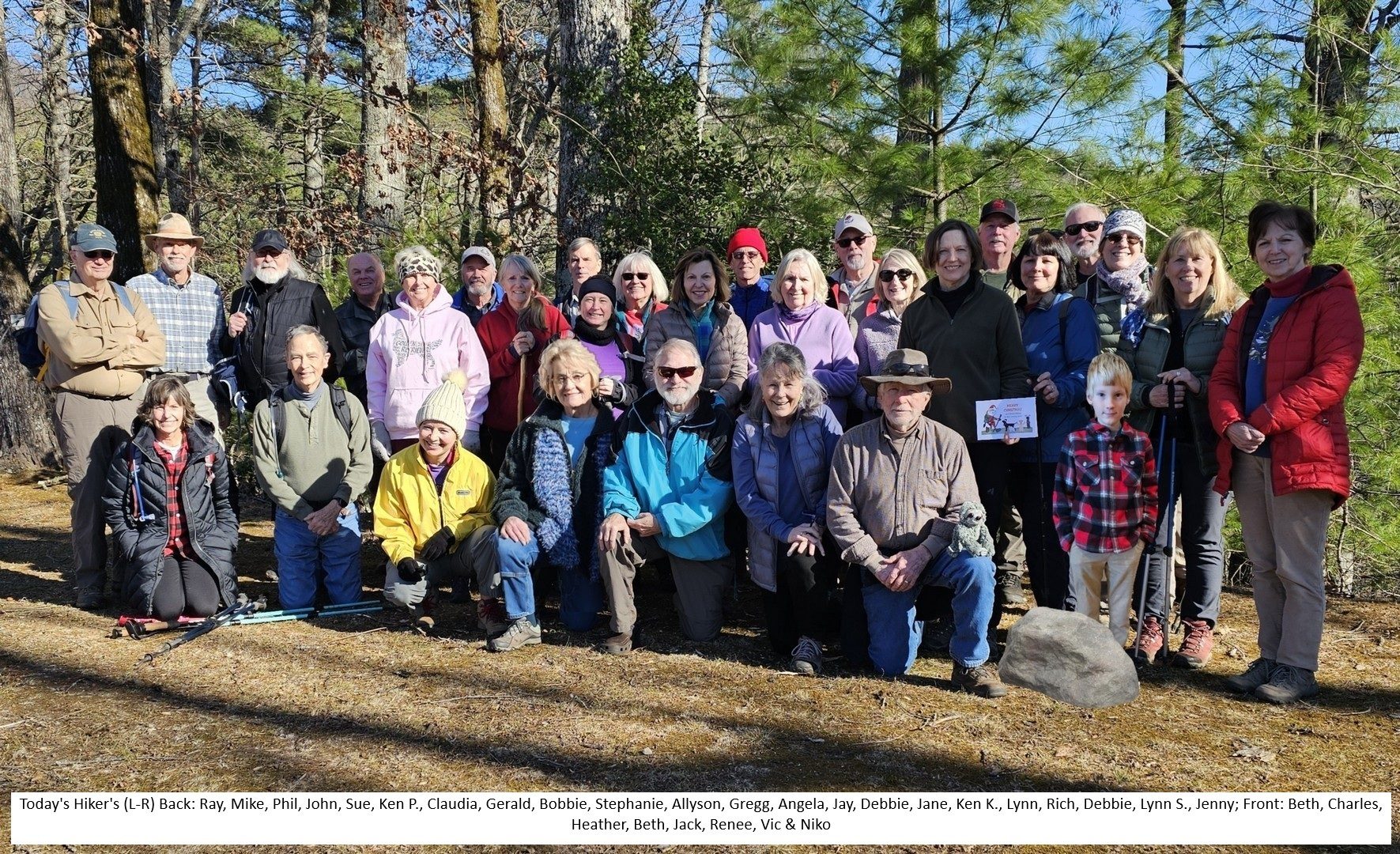A BIG group of hikers today.  See photo caption for first names.
