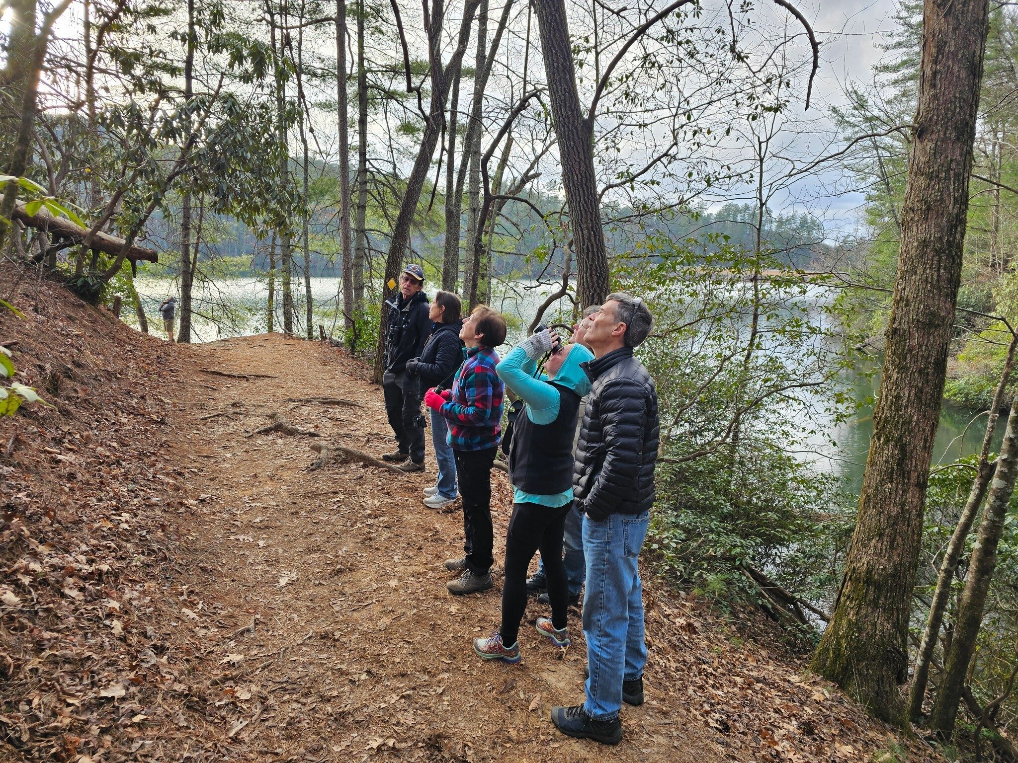 Our eagle watchers: (L-R) Vilmarie (further down the trail), Gregg, Doris, Jenny, Bobbie, Jane, Gerald & Mike