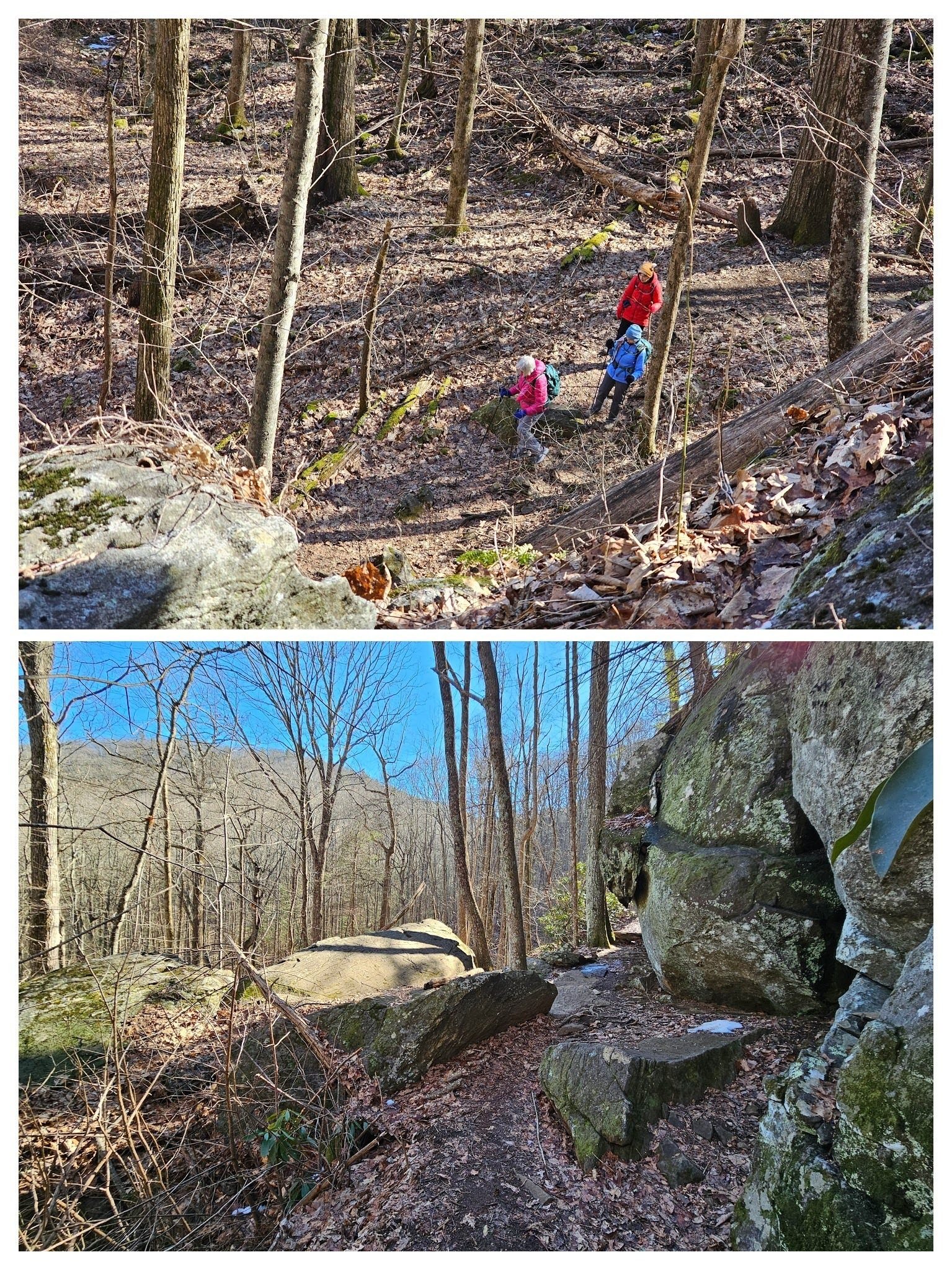 Looking down on our hikers from a large rock formation above them.