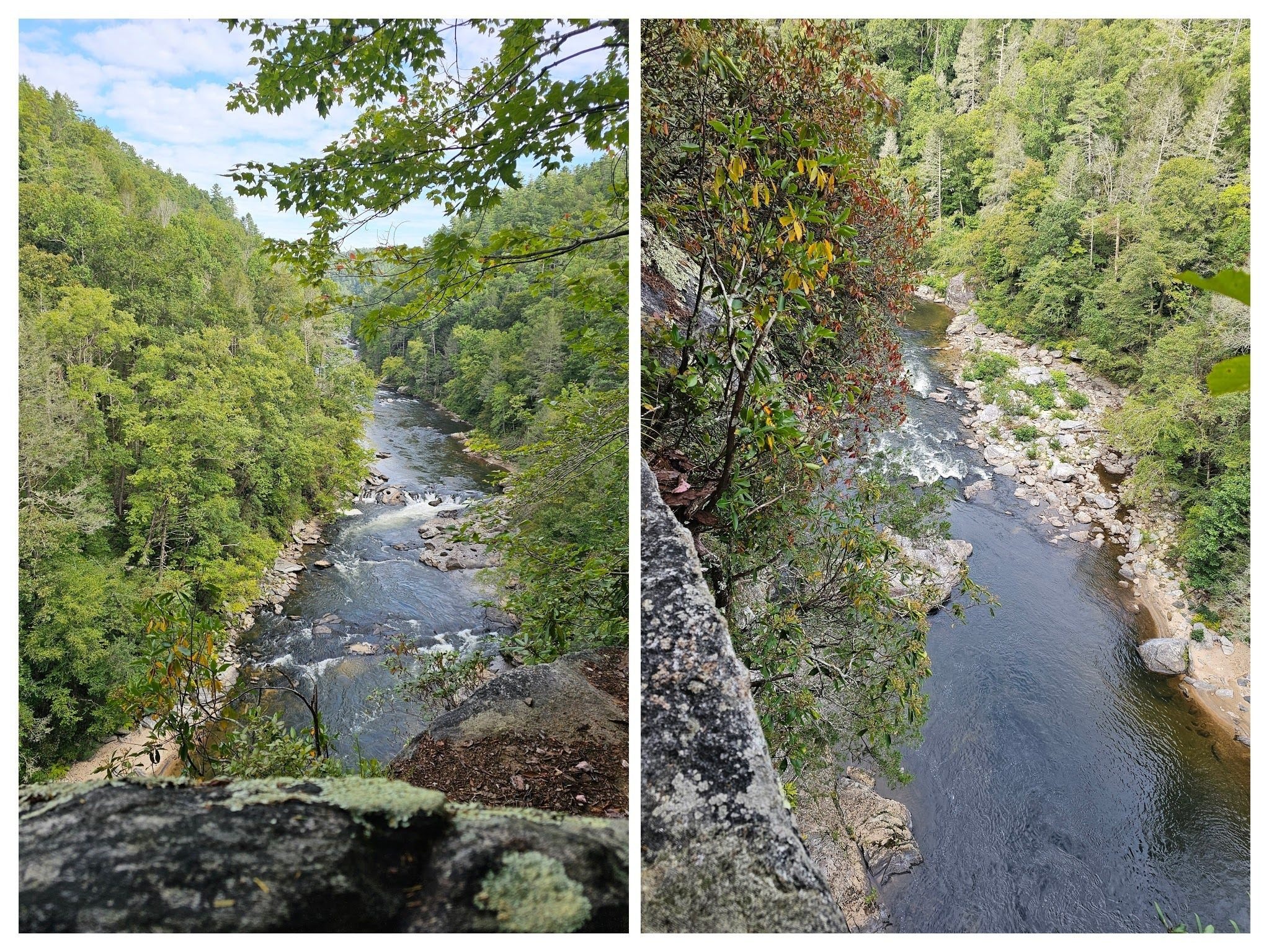 These photos of looking up and downstream on the Chattooga River were taken at the second of three levels of Ravens Cliff.