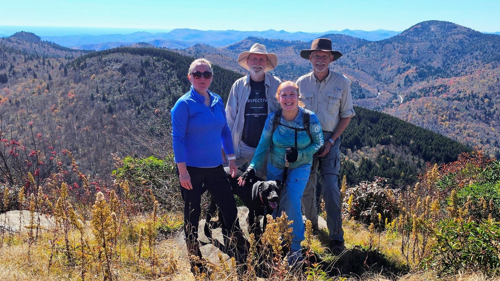 Today's Hikers (L-R): Bobbie, Matt & Toby, Jane & Mike on Sam Knob.