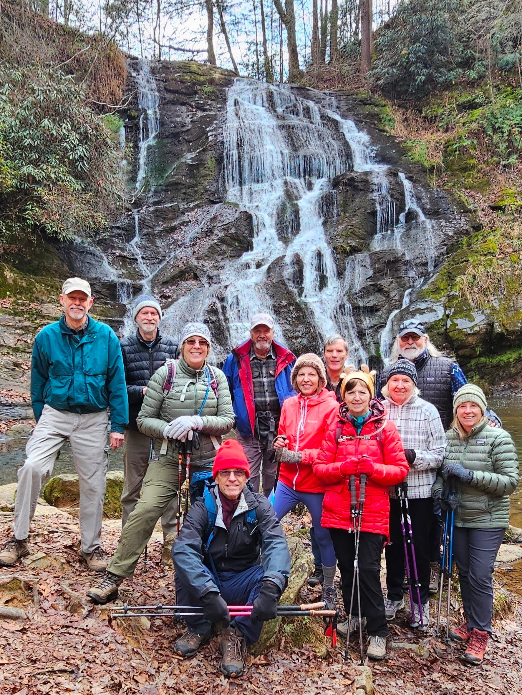 Today's Hikers at the upper Brasstown Falls (L-R): Mike, Matt, Debbie, Gregg, Ken, Allyson, Gerald, Jenny, Angela, Phil & Lynn