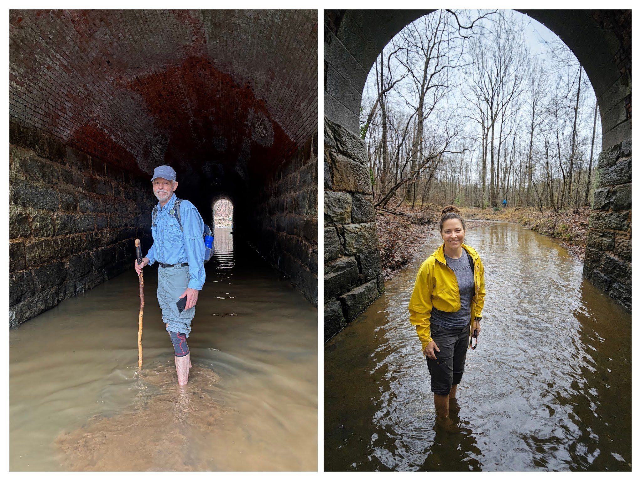 Heather and Mike decide to wade into the culvert, but not all the way through. . . . The water is really cold. Left photo by Heather Wall.
