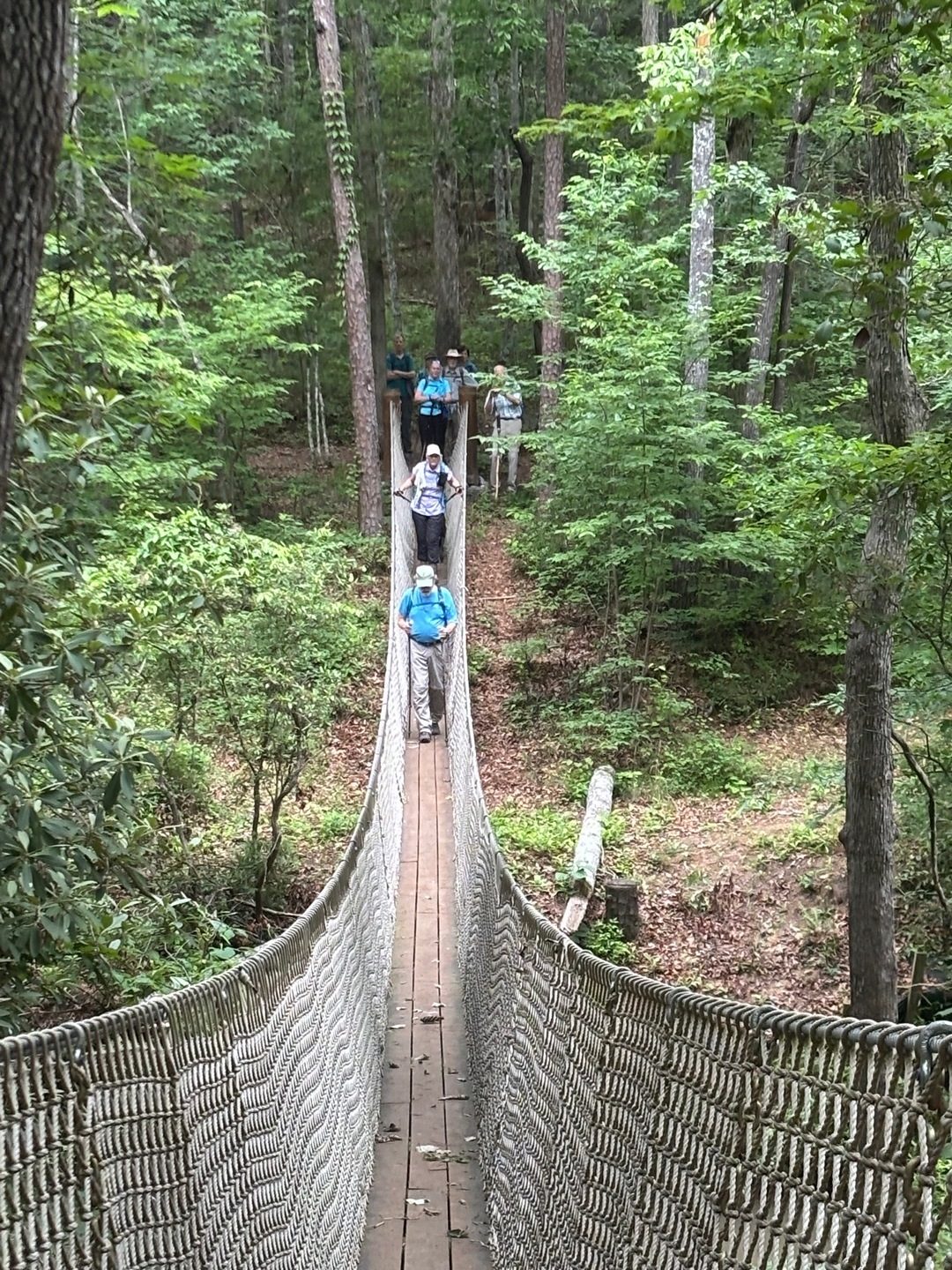 At the second Zeke suspensions bridge over the Little Eastatoe Creek with Jack & Linda crossing.  Photo by Heather Wall.