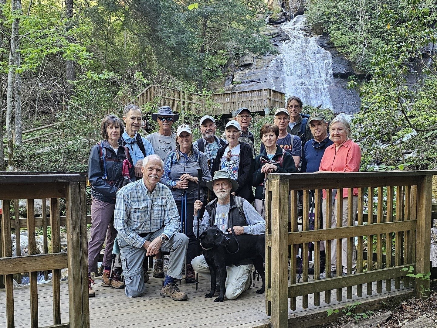 Today's Hikers (L-R) Back: Beth, Charles, Jim, Lynn, Ken, Claudia, Steve, Jenny, Edwin, Gregg, Julius & Angela.  Front: Mike & Matt w Toby.