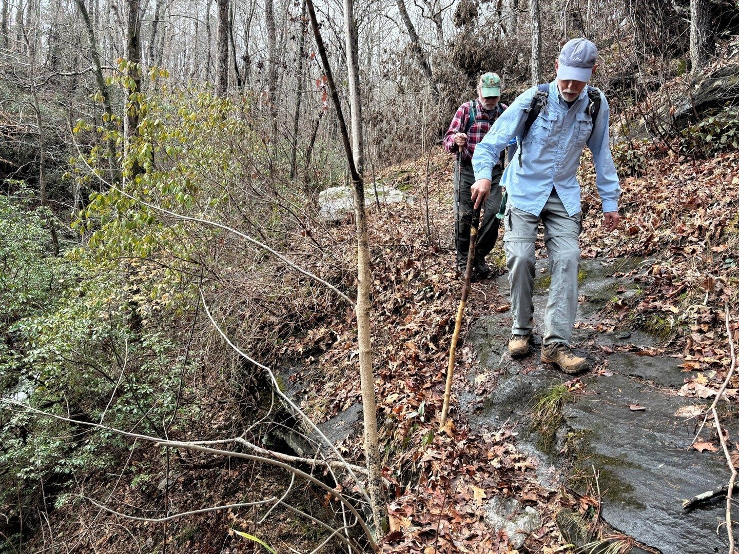 Got to be careful with these wet leaves and slippery flat rocks.