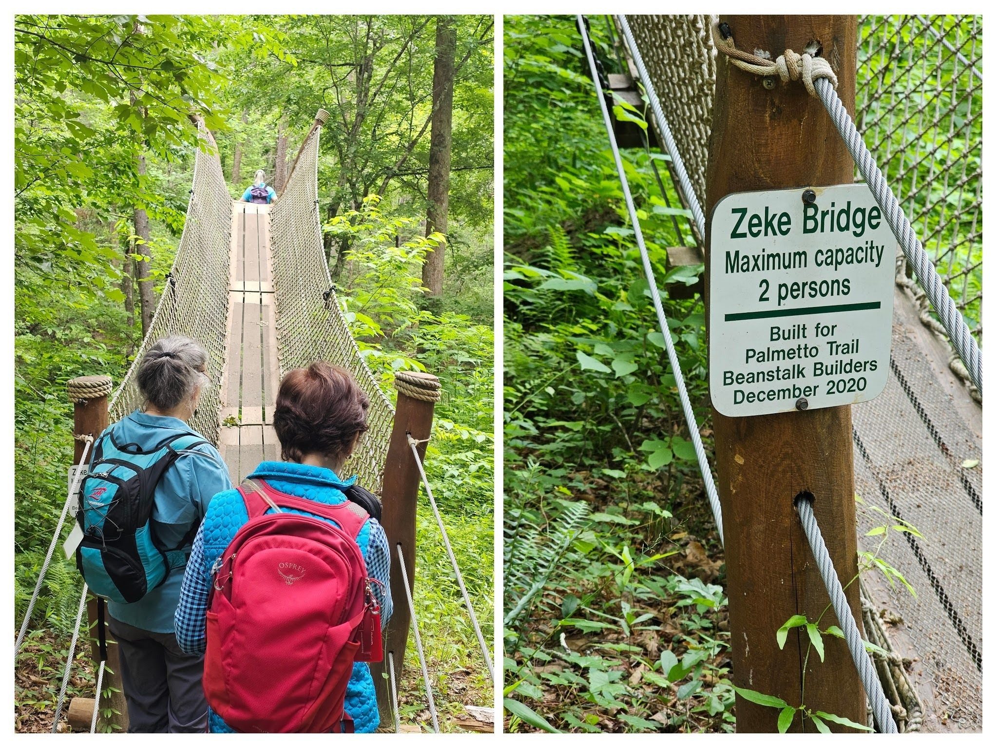 Waiting to cross on the first 152-foot Zeke suspension bridge across the Eastatoe Creek.