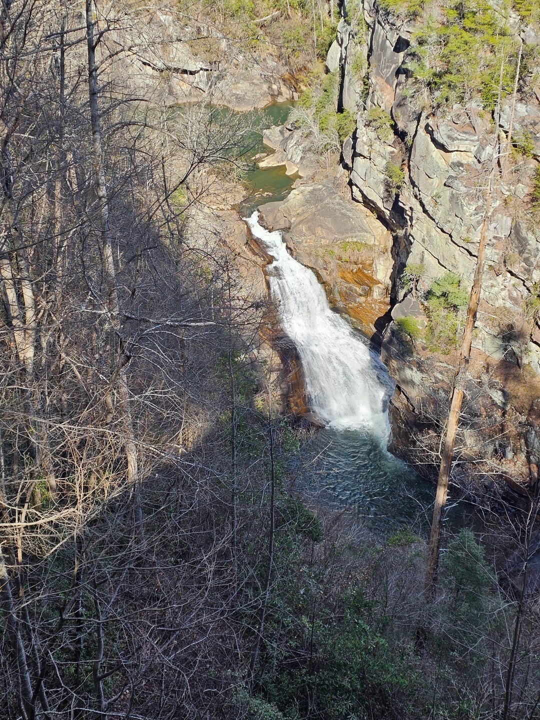 Now on the south rim, a view 400 feet down of Hawthorne Pool and Tempesta Falls from Overlook #7.