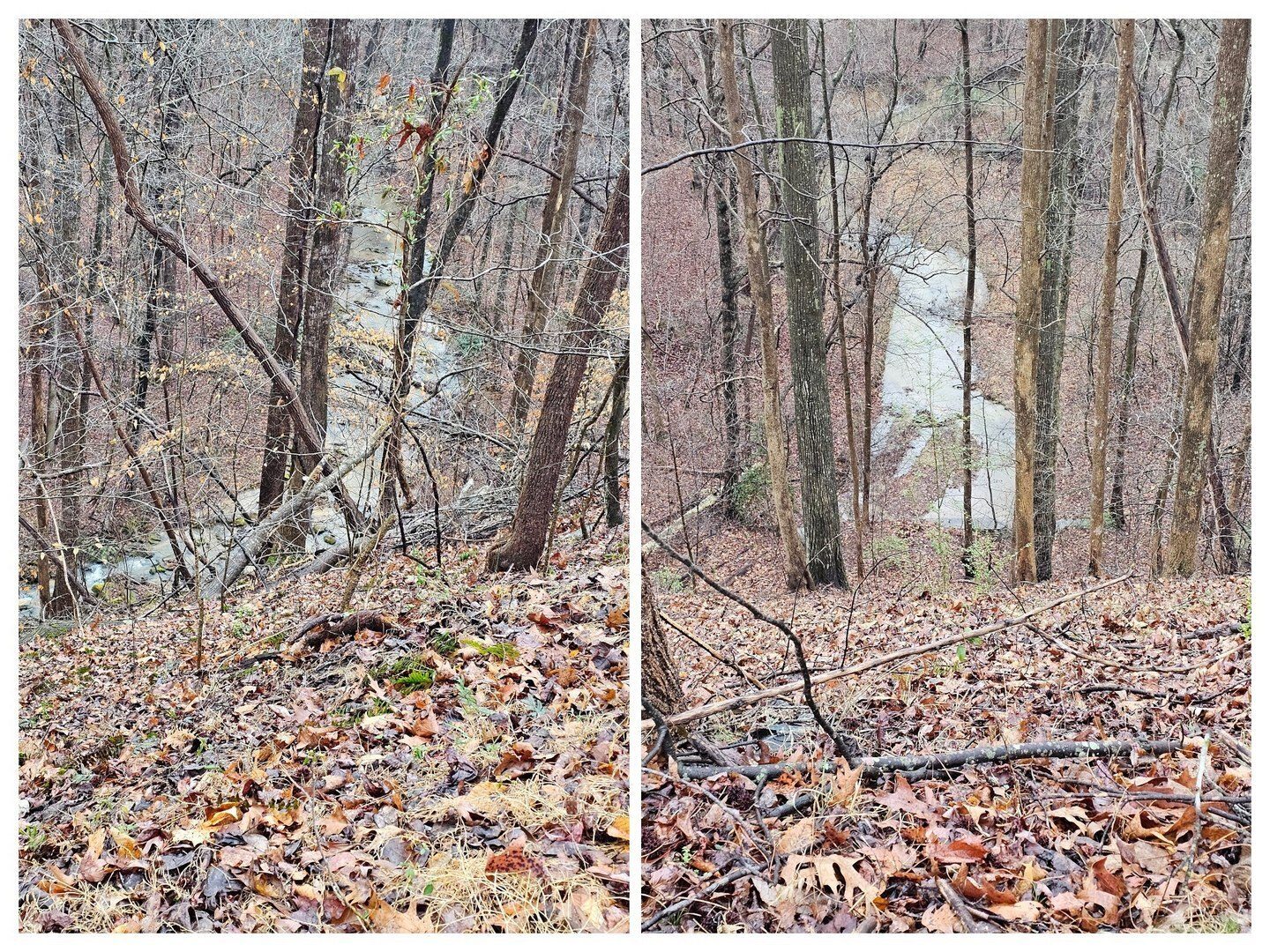 Upstream view (L) and downstream view (R) of the Middle Fork of the Broad River where the rock culvert passes through.