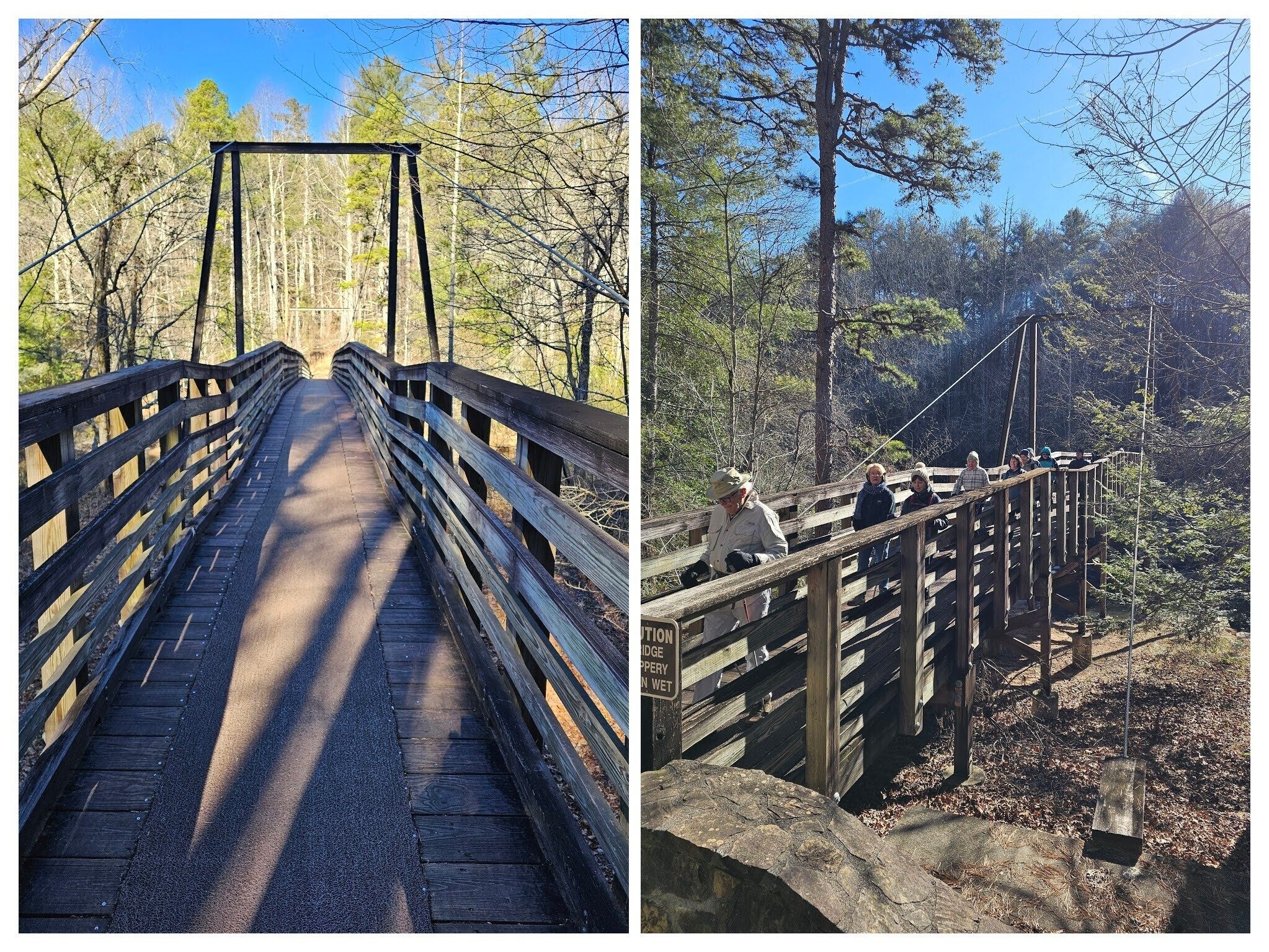 Crossing the Tallulah River on a suspension bridge.