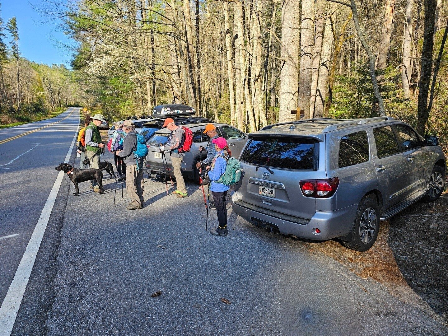 Getting ready at the parking area across from the trailhead.