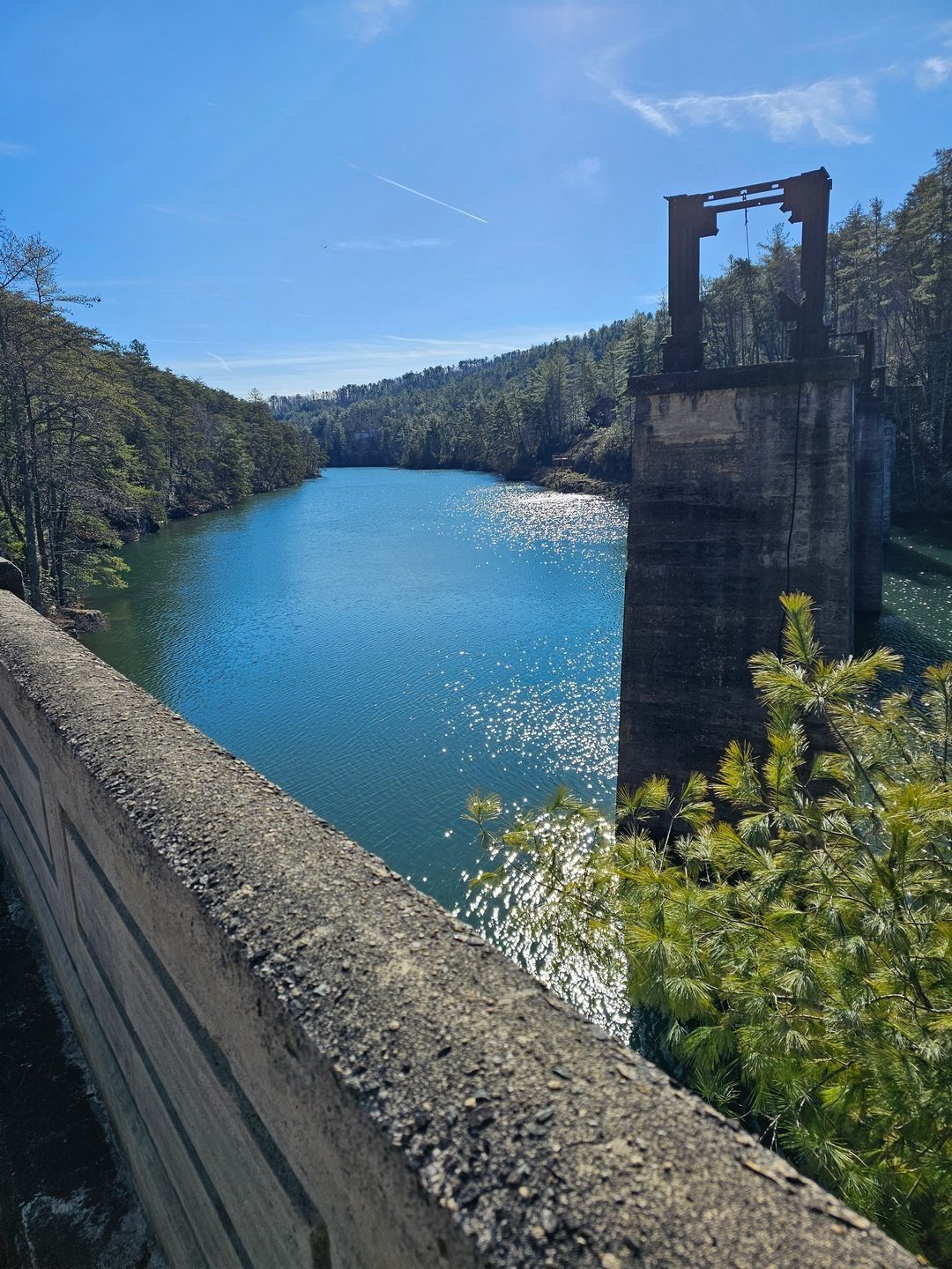 Looking down the Tallulah River near the old train trestle bridge supports.