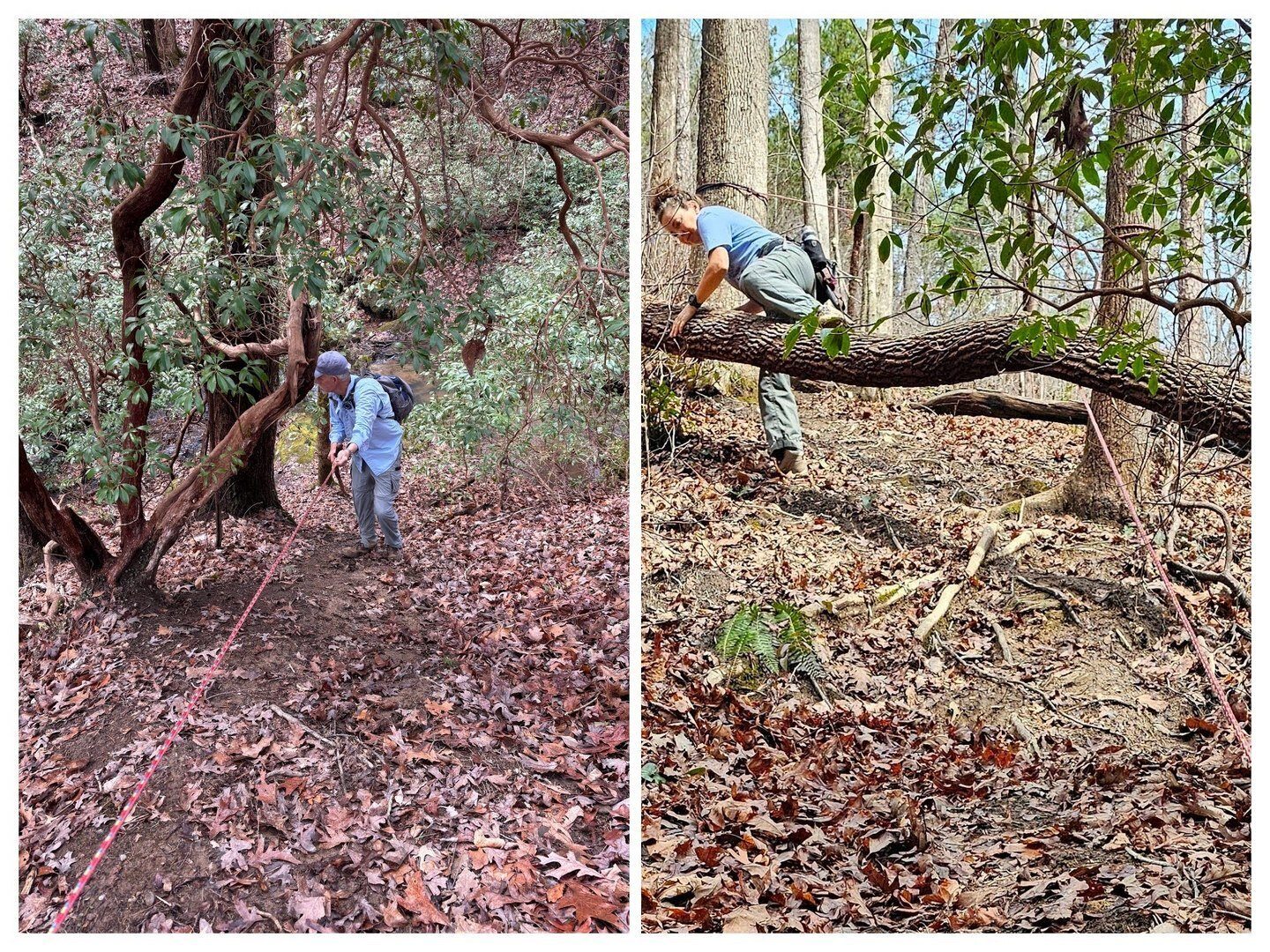 These rope lines were helpful for getting down and out for this last view of Tabor Falls.  Left photo by Heather Wall.