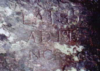 Ellicott Rock (Commissioner's Rock) original survey mark for the border of NC / SC/ GA. Inscription reads LAT 35, AD 1813, NC/SC.